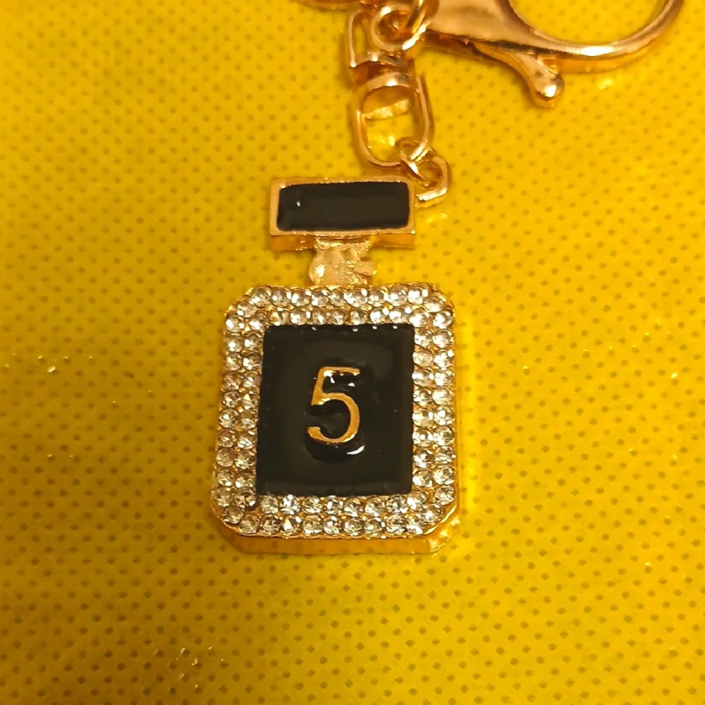 NUMBER 5 PARFUME BOTTLE, Elegant Black, Gold And Rhinestoned Bag Charm/Keychain